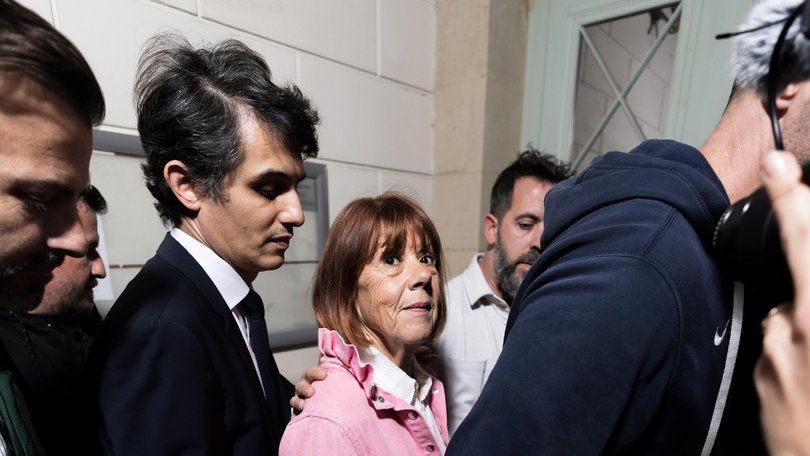 Gisele Pelicot and Florian Pelicot leave the court after the judgment on October 09, 2025 in Nimes, France.