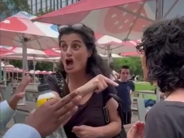 The woman can be heard hurling anti-Semitic abuse at the group as she is repeatedly urged to move on. Sky News