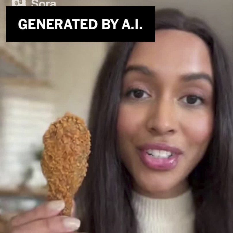 A video generated by OpenAI’s Sora generator, from a prompt by the New York Times journalist Brian X. Chen, a woman citing nonexistent studies about deep-fried chicken being good for your health. 