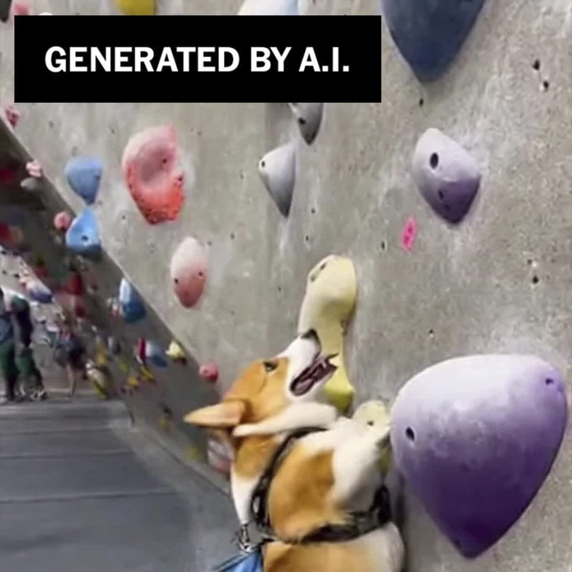 A still image taken from video generated by OpenAI’s Sora generator of a dog climbing rocks at a bouldering gym. 
