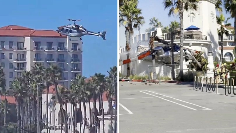 Five people have been rushed to hospital after a helicopter lost control and crashed near a busy California beach.