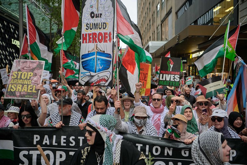 SYDNEY, AUSTRALIA - NewsWire Photos .October 12 ,2025, Members of the public are seen at the protest to the Palestine in Sydney CBD. Picture: NewsWire / Flavio Brancaleone Picture: Flavio Brancaleone NewsWire