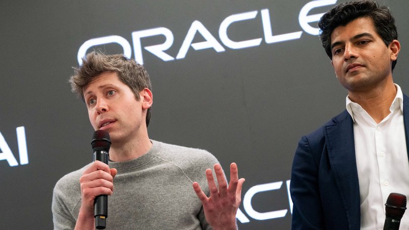 Sam Altman, chief executive officer of OpenAI Inc., left, and Vikas Parekh, managing partner at SoftBank Investment Advisers, during tour of the Stargate AI data centre in Texas, US, on September 23, 2025. 