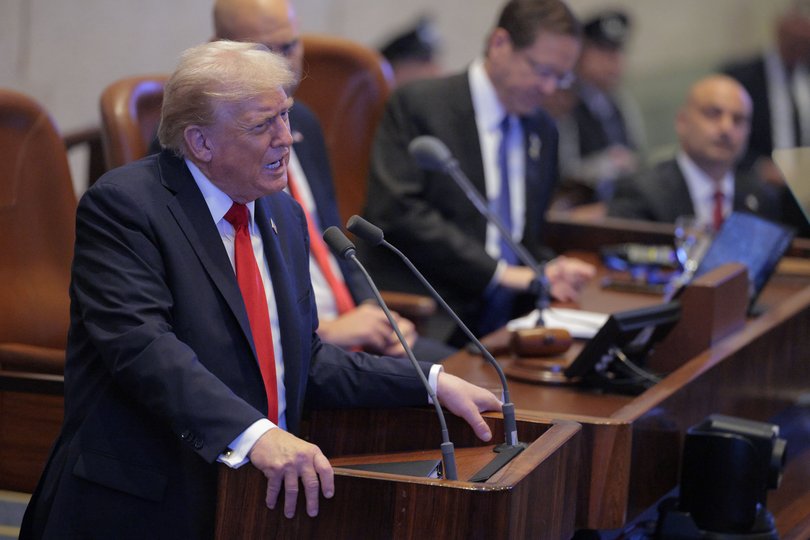 President Donald Trump addresses the Knesset, Israel’s parliament, on October 13, 2025 in Jerusalem. 