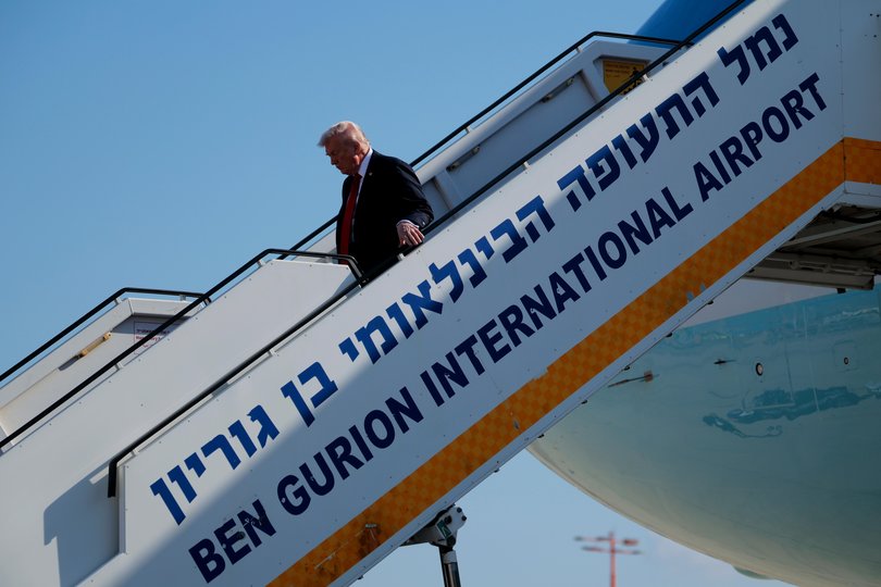 TEL AVIV, ISRAEL - OCTOBER 13: U.S. President Donald Trump disembarks from Air Force One as he arrives at Ben Gurion International Airport on October 13, 2025 in Tel Aviv, Israel. President Trump is visiting the country hours after Hamas released the remaining Israeli hostages captured on Oct. 7, 2023, part of a US-brokered ceasefire deal to end the war in Gaza. (Photo by Chip Somodevilla/Getty Images) Picture: Chip Somodevilla