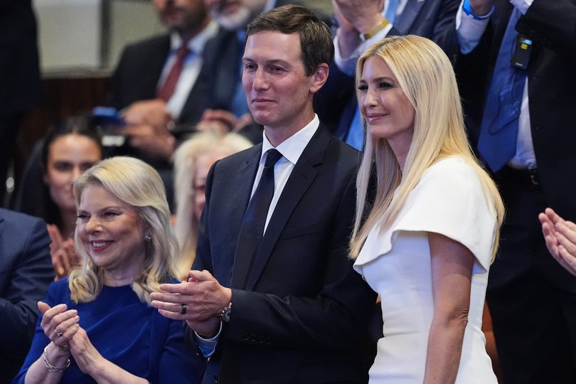 Jared Kushner and Ivanka Trump are recognized by President Donald Trump as he speaks in the Knesset, Israel's parliament, on October 13, 2025 in Jerusalem. 