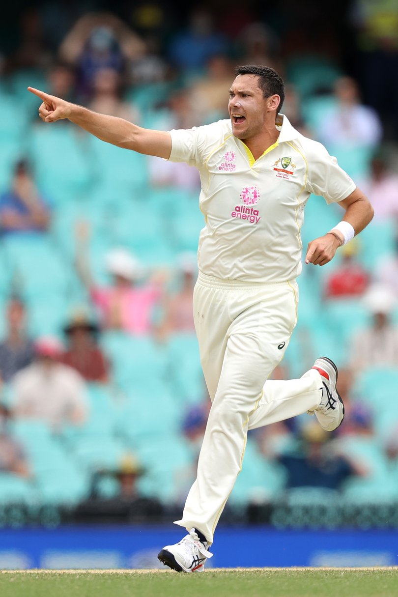 Scott Boland celebrates dismissing England’s Haseeb Hameed.