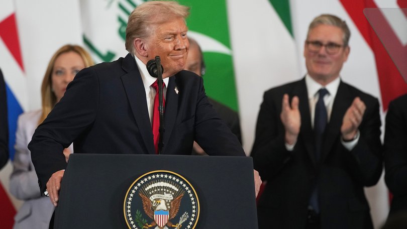 Donald Trump speaks after meeting with world leaders at a summit to discuss the future of Gaza.