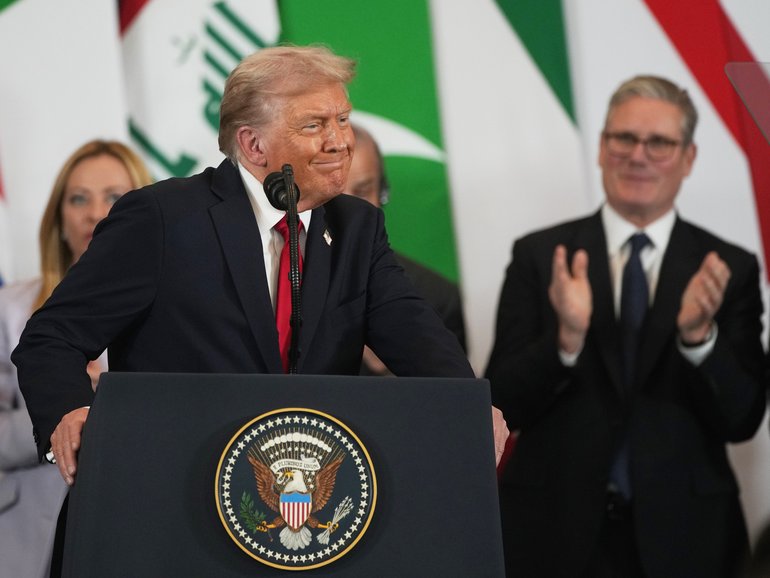 Donald Trump speaks after meeting with world leaders at a summit to discuss the future of Gaza.