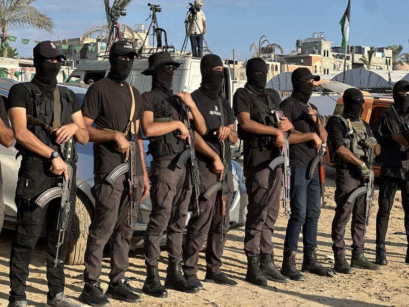 Security forces take security measures as preparations are completed at Nasser Hospital to welcome Palestinians to be released under the cease-fire and hostage-prisoner exchange deal.