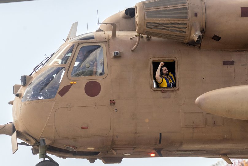 Ziv Berman, who was released from captivity by Hamas in Gaza, reacts upon his arrival at Chaim Sheba Medical Centre.