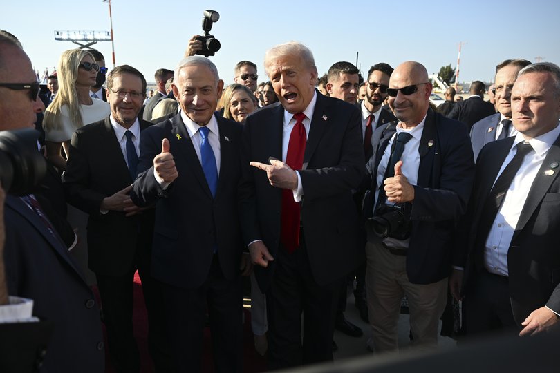 President Donald Trump with Prime Minister Benjamin Netanyahu of Israel, who was there to see him off, as he prepares to board Air Force One at Ben Gurion Airport.