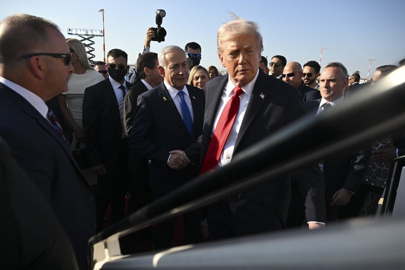Prime Minister Benjamin Netanyahu of Israel sees off President Donald Trump as he prepares to board Air Force One at Ben Gurion Airport in Israel.