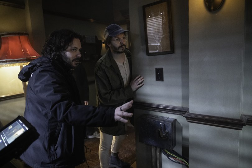 Edgar Wright with Michael Cera on the set of The Running Man.