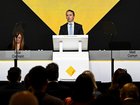 Commonwealth Bank CEO Matt Comyn speaks during the bank’s annual general meeting at the Gabba in Brisbane.

