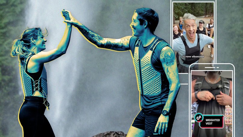 An ad from weighted vest manufacturer Omorpho and, right, the Holderness viral video and other social media clips on TikTok on the training gear.