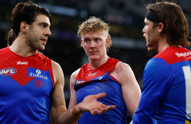 MELBOURNE, AUSTRALIA - AUGUST 22: Clayton Oliver of the Demons looks dejected after a loss during the 2025 AFL Round 24 match between the Collingwood Magpies and the Melbourne Demons at the Melbourne Cricket Ground on August 22, 2025 in Melbourne, Australia. (Photo by Michael Willson/AFL Photos)