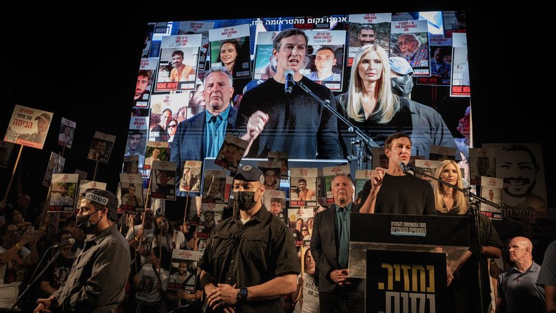 From left, Steve Witkoff, President Donald Trump’s Middle East envoy, and Jared Kushner and Ivanka Trump, his son-in-law and daughter, at a rally in Hostages Square in Tel Aviv, Israel, on Saturday, October 11.