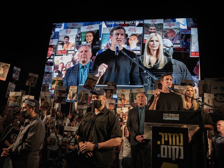 From left, Steve Witkoff, President Donald Trump’s Middle East envoy, and Jared Kushner and Ivanka Trump, his son-in-law and daughter, at a rally in Hostages Square in Tel Aviv, Israel, on Saturday, October 11.