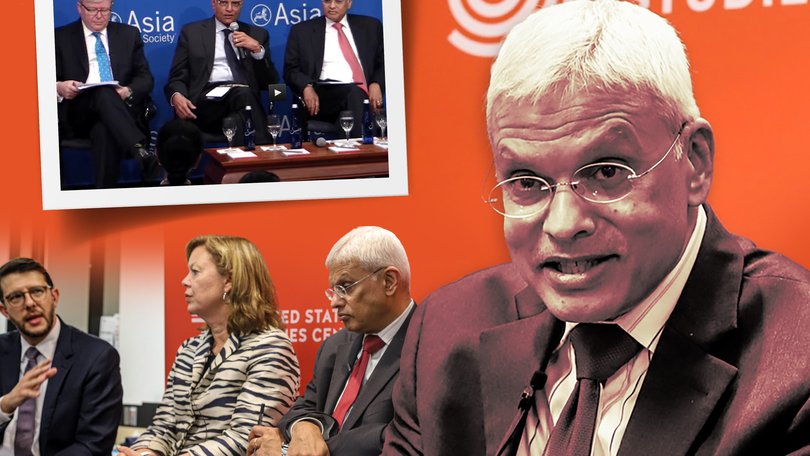 Ashley Tellis, right, pictured at a 2015 talk with Kevin Rudd and at a United States Study Centre panel in Australia in 2020.