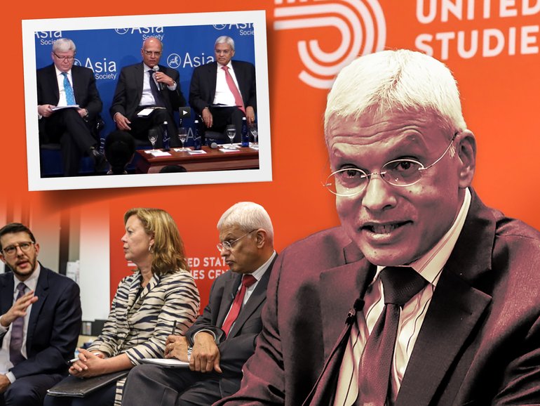 Ashley Tellis, right, pictured at a 2015 talk with Kevin Rudd and at a United States Study Centre panel in Australia in 2020.