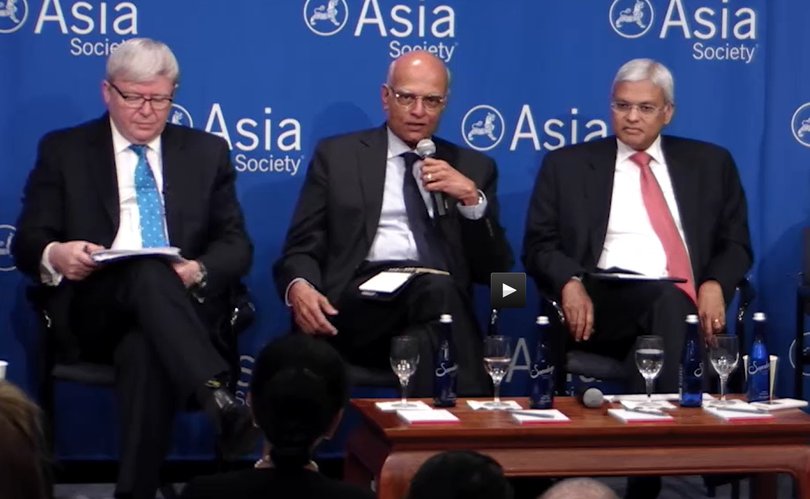 Former Labor PM Kevin Rudd, left, sitting in on a discussion panel with Ashley Tellis, right, on India under Modi's government.
