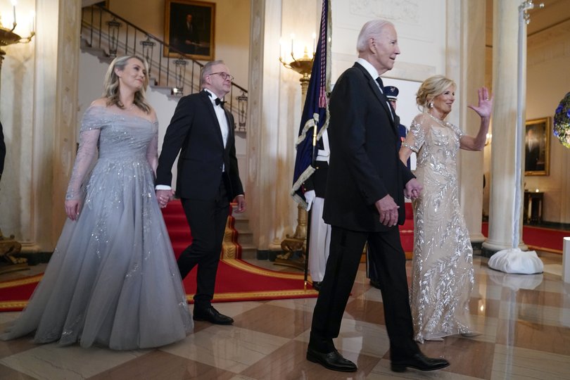 Then US President Joe Biden with Jill Biden and Australian Prime Minister Anthony Albanese with his partner Jodie Haydon at the Grand Staircase of the White House during the State Dinner Wednesday, Oct. 25, 2023, in Washington.
