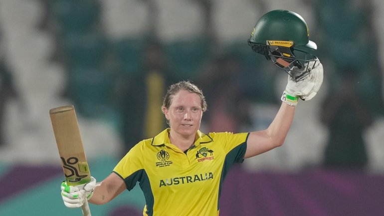 Alyssa Healy celebrates her second straight World Cup ton in Australia's win over Bangladesh. (AP PHOTO)