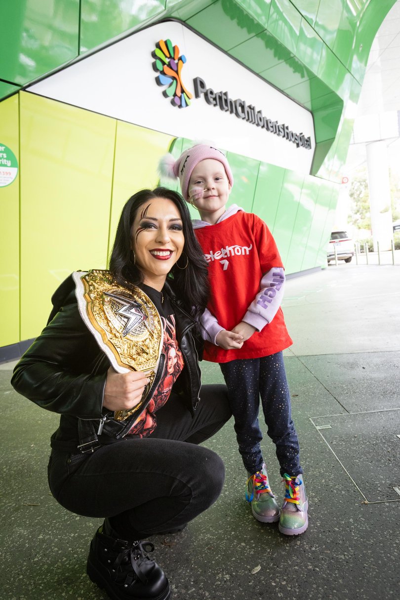 WWE star Stephanie Vaquer with Telethon kid Izzy Miller.