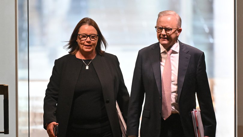 Minister for Resources Madeleine King and Prime Minister Anthony Albanese arrive for Question Time in the House of Representatives at Parliament House in Canberra, Tuesday, March 25, 2025. (AAP Image/Mick Tsikas) NO ARCHIVING