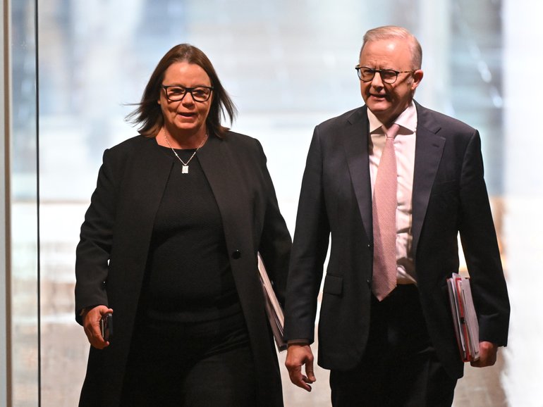 Minister for Resources Madeleine King and Prime Minister Anthony Albanese arrive for Question Time in the House of Representatives at Parliament House in Canberra, Tuesday, March 25, 2025. (AAP Image/Mick Tsikas) NO ARCHIVING