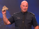 Police Commander Wayne Cheeseman holding a ‘projectile’ allegedly thrown at officers at the Melbourne protests.