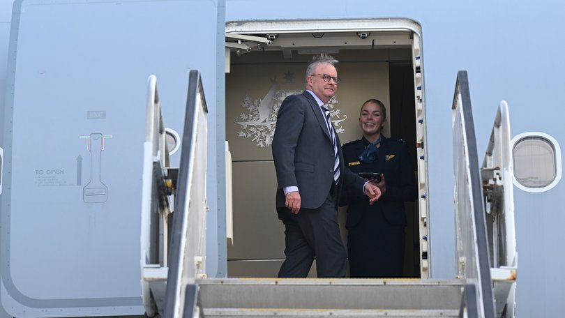 Prime Minister Anthony Albanese boards a plane to travel to Washington for a meeting with US President Donald Trump.