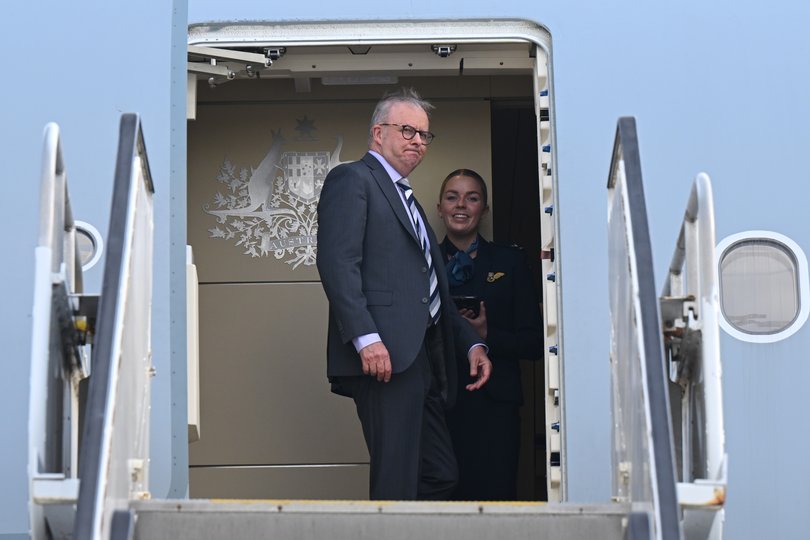 Prime Minister Anthony Albanese boards a plane to travel to Washington for a meeting with US President Donald Trump.