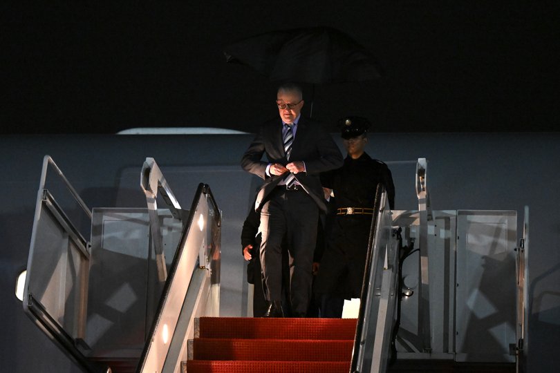Prime Minister Anthony Albanese disembarks a plane on arrival at Joint Base Andrews in Maryland, United States.
