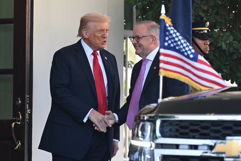 Anthony Albanese is greeted by Donald Trump on arrival at the White House.