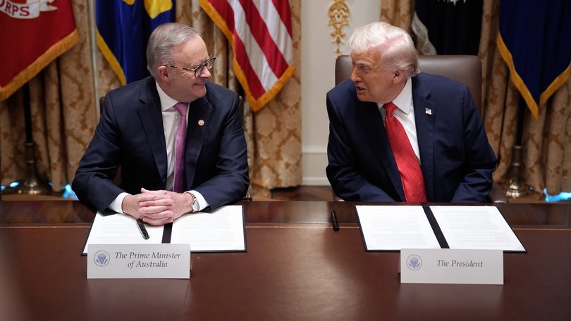 US President Donald Trump, right, and Prime Minister Anthony Albanese during a meeting in the Cabinet Room of the White House in Washington, DC.