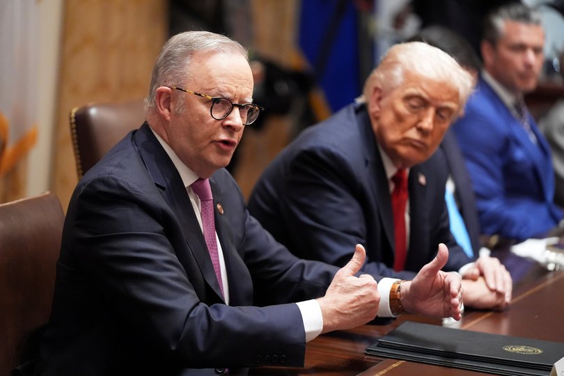 Anthony Albanese speaks during a meeting with President Donald Trump.