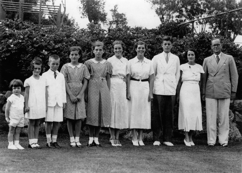 Joseph Patrick Kennedy (right) with his wife Rose Kennedy (second from right) and eight of their nine children, in London.  From left: Edward, Jeanne, Robert, Patricia (1924 - 2006), Eunice, Kathleen, Rosemary and John F Kennedy who later became the 35th President of the United States. 