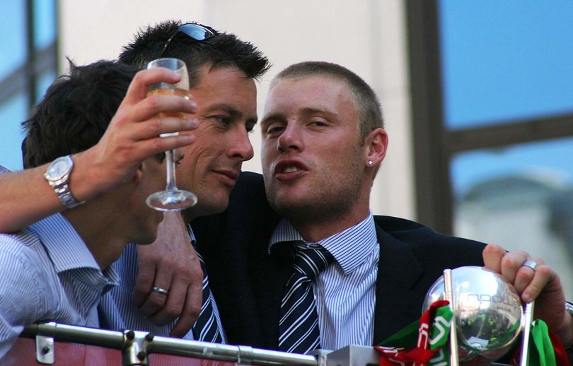 Gary Pratt, Ashley Giles and Andrew Flintoff ride the Victory Parade bus as the England Cricket team enter Trafalgar Square as part of the Ashes victory celebrations in 2005.