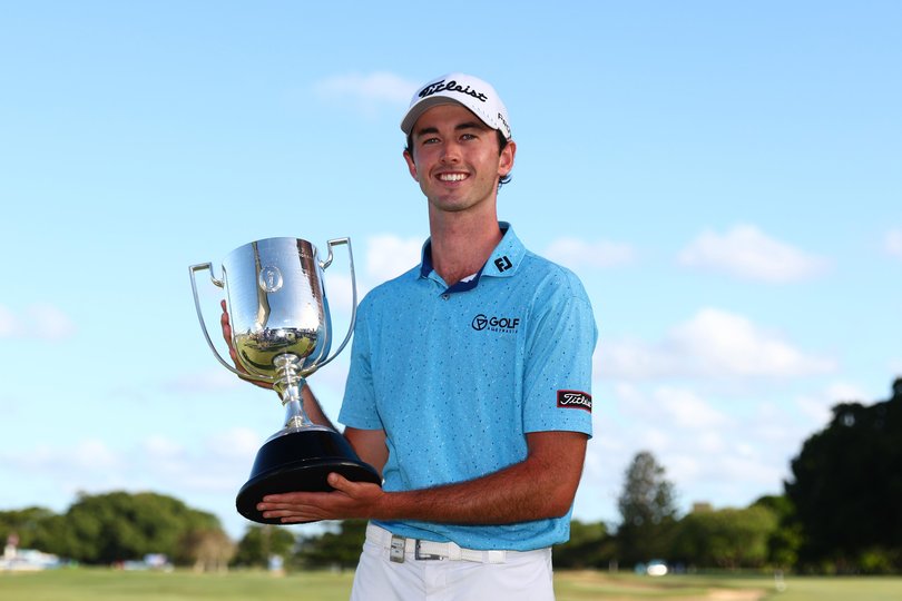 Elvis Smylie poses with the Joe Kirkwood Cup after victory on day four of the BMW Australian PGA Championship 2025 at Royal Queensland Golf Club.