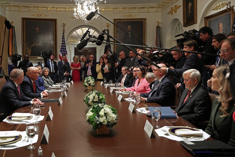 WASHINGTON, DC - OCTOBER 20: (L-R) Prime Minister of Australia Anthony Albanese, U.S. President Donald Trump and Secretary of War Pete Hegseth, White House Chief of Staff Susie Wiles and Australian Ambassador to the U.S. Kevin Rudd (2nd R) speak to reporters ahead of a bilateral meeting in the Cabinet Room of the White House on October 20, 2025 in Washington, DC. Albanese is visiting the U.S. Capital to meet with President Trump and later visit the Pentagon. (Photo by Anna Moneymaker/Getty Images)