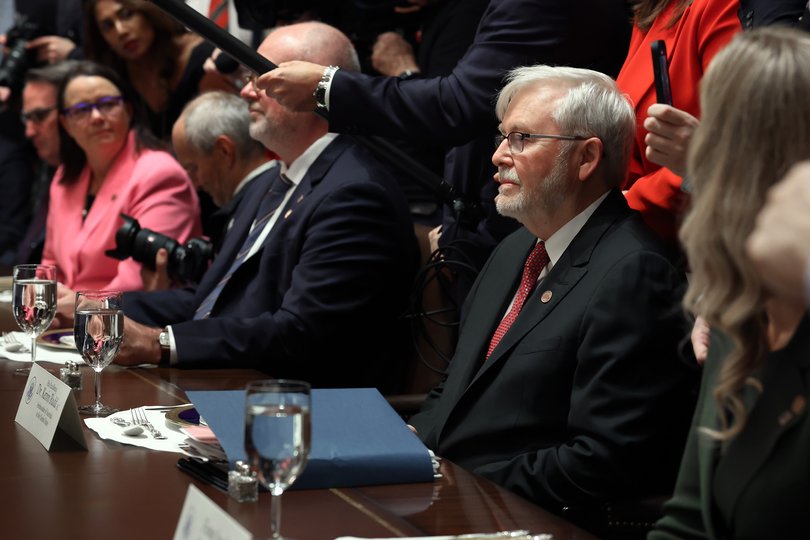 WASHINGTON, DC - OCTOBER 20: Australian Ambassador to the U.S. Kevin Rudd (C) attends a meeting between President Donald Trump and Prime Minister of Australia Anthony Albanese in the Cabinet Room of the White House on October 20, 2025 in Washington, DC. Albanese is visiting the U.S. Capital to meet with President Trump and later visit the Pentagon. (Photo by Anna Moneymaker/Getty Images)