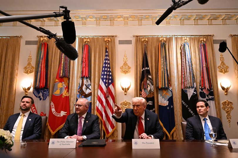 Australian Prime Minister Anthony Albanese and US President Donald Trump speak during a meeting in the Cabinet Room at the White House in Washington, D.C., United States, Monday, October 20, 2025. (AAP Image/Lukas Coch) NO ARCHIVING
