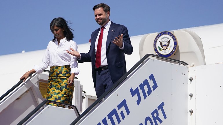 Vice President JD Vance and Second Lady Usha Vance arrive at Ben Gurion airport in Tel Aviv.