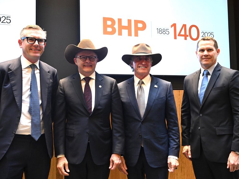 BHP head of US corporate and rxternal affairs Dominic Perrottet, Prime Minister Anthony Albanese, US Secretary of the Interior Doug Burgum and President of Americas for BHP Brandon Craig at the lunch-time reception.
