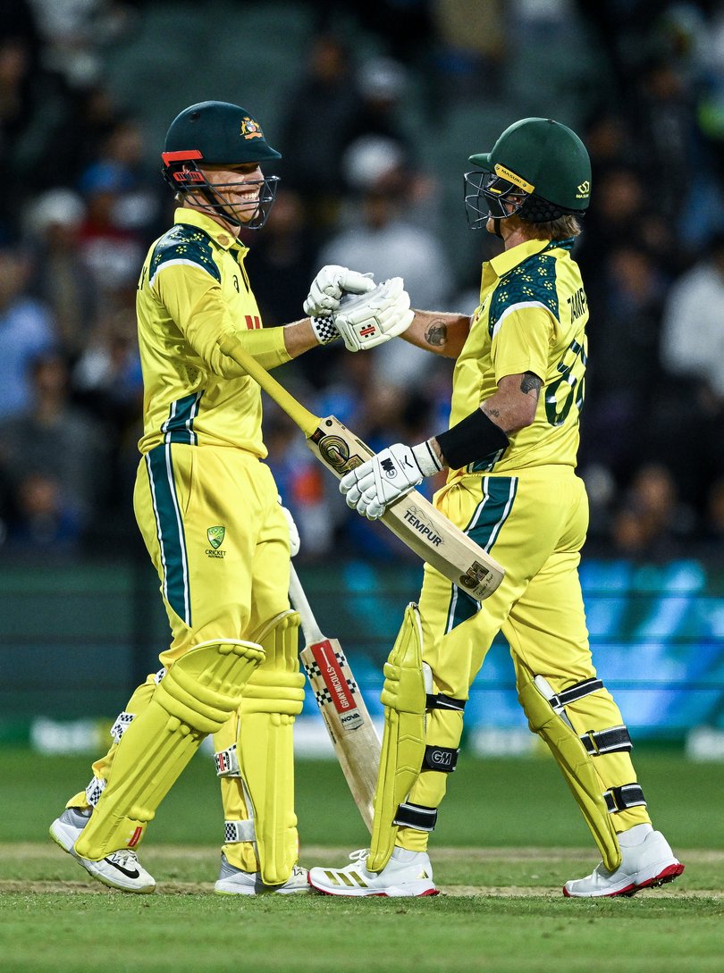 ADELAIDE, AUSTRALIA - OCTOBER 23: Cooper Connolly of Australia celebrates the win from a wide with Adam Zampa of Australia during game two in the One Day International series between Australia and India at Adelaide Oval on October 23, 2025 in Adelaide, Australia. (Photo by Mark Brake/Getty Images)