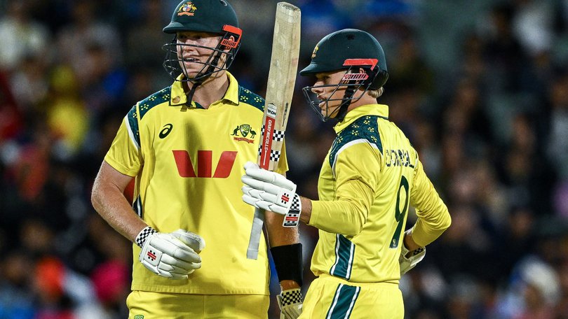 ADELAIDE, AUSTRALIA - OCTOBER 23: Cooper Connolly of Australia celebrates making his half century with Mitchell Owen of Australia during game two in the One Day International series between Australia and India at Adelaide Oval on October 23, 2025 in Adelaide, Australia. (Photo by Mark Brake/Getty Images)