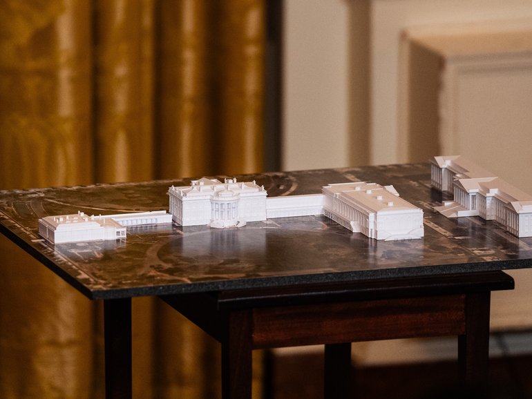 A model of the White House during a ballroom fundraising dinner in the East Room on Oct. 15. MUST CREDIT: Demetrius Freeman/The Washington Post