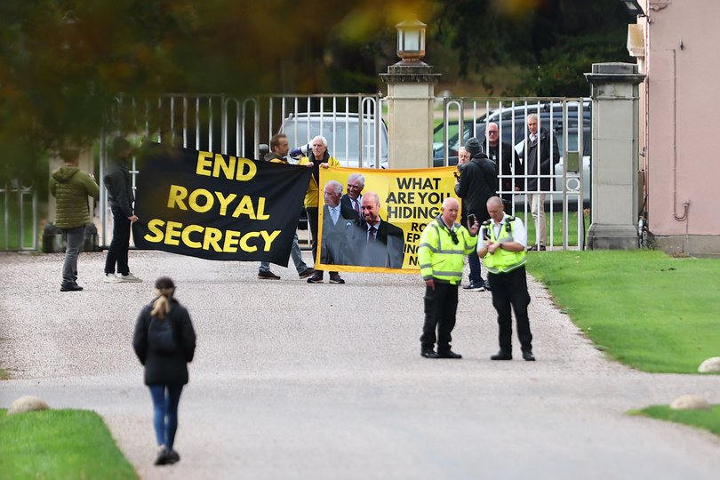 Activists from the anti-monarchy group Republic, stage a protest at the gates to royal lodge where Prince Andrew lives on October 21, 2025 in Windsor, England.